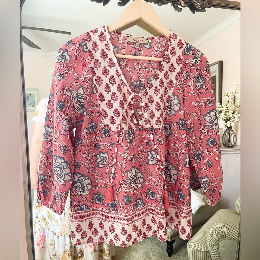 Block printed pink white and blue boho blouse Casa Cabana size S